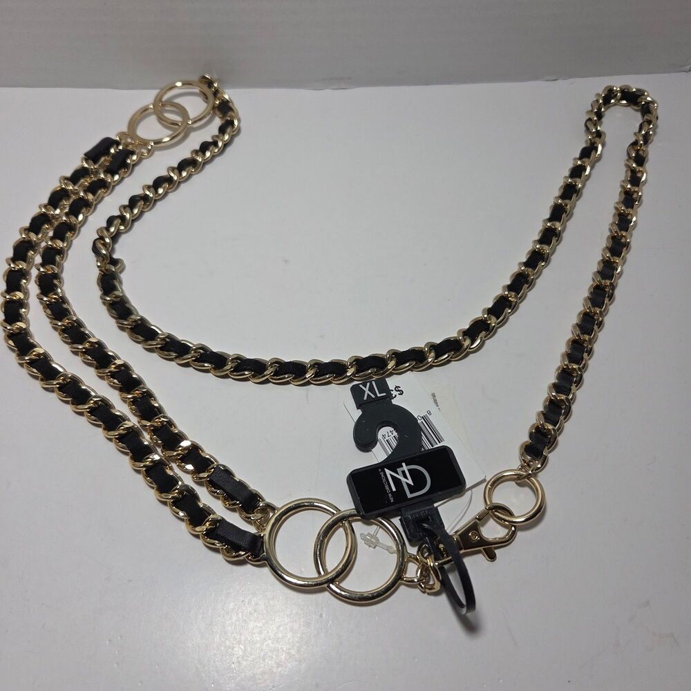 New Directions XL Black Faux Leather Gold Chain Belt Layered Biker Chic Strap